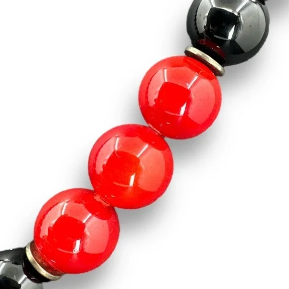Black and Red Glass Chunky Beads Necklace Holiday Silver Plated Toggle Clasp 21" - Picture 4 of 5